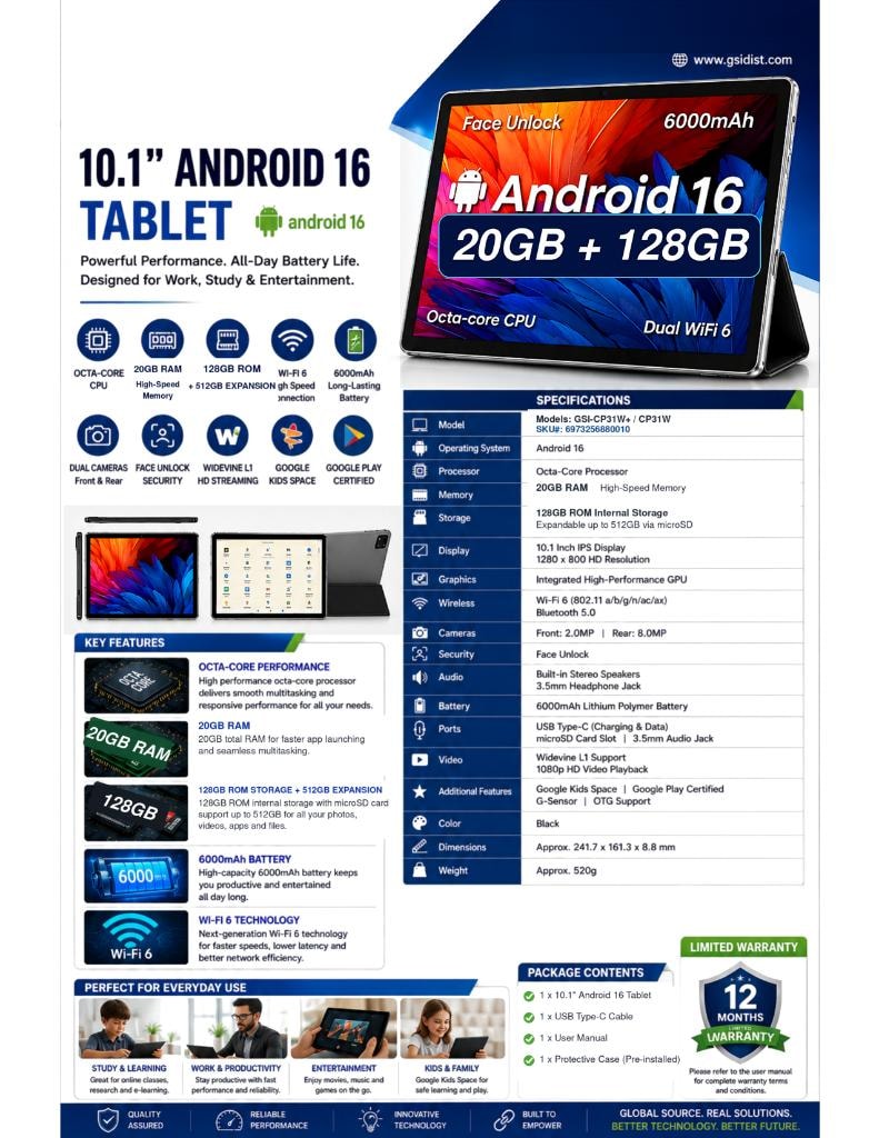 GSI-CP31W+ 10.1 inch Android 16 Tablet